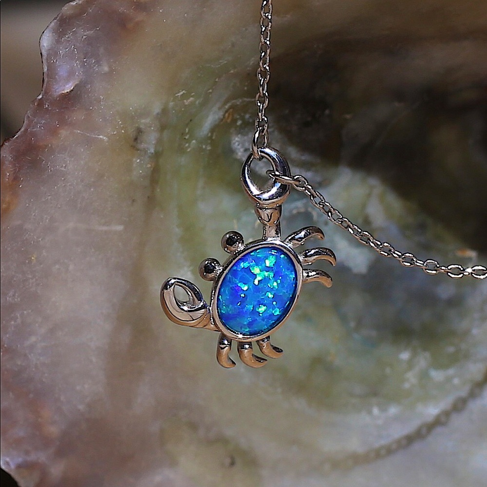 925 Silver Crab and Starfish Necklace with Opal